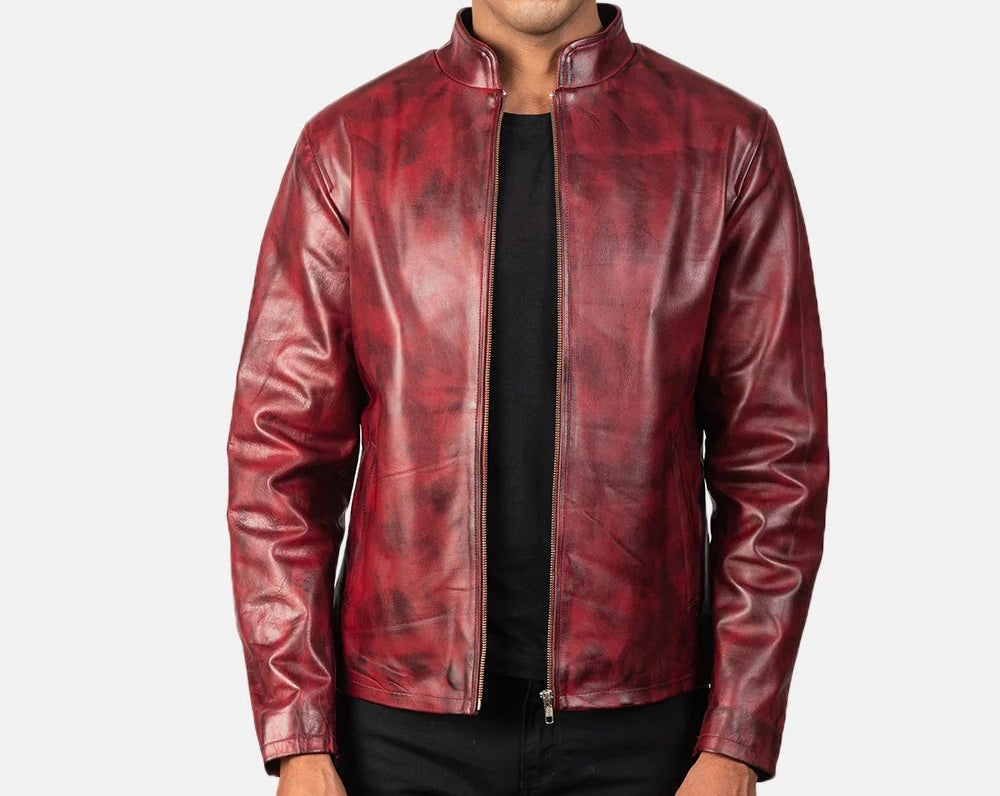 Men's Motorcycle Distressed Burgundy Leather Jacket - Genuine Lambskin Leather Cafe Racer Jacket - Casual Biker Jacket