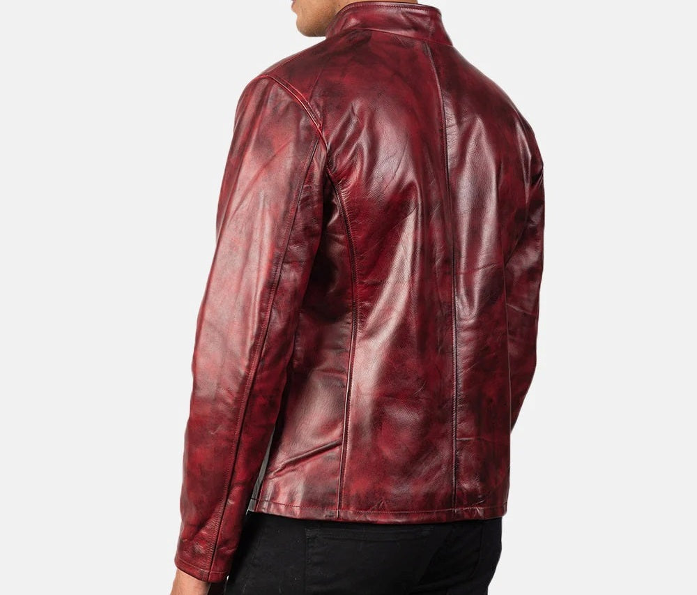 Men's Motorcycle Distressed Burgundy Leather Jacket - Genuine Lambskin Leather Cafe Racer Jacket - Casual Biker Jacket