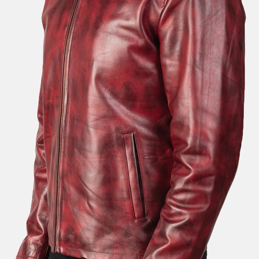 Men's Motorcycle Distressed Burgundy Leather Jacket - Genuine Lambskin Leather Cafe Racer Jacket - Casual Biker Jacket