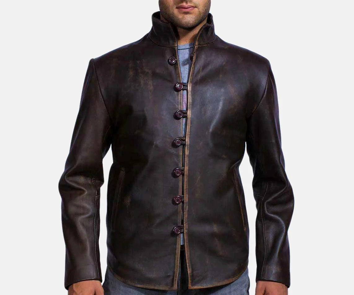 Men's Motorcycle Distressed Brown Leather Jacket - Genuine Lambskin Leather Cafe Racer Jacket - Biker Band Collar Jacket