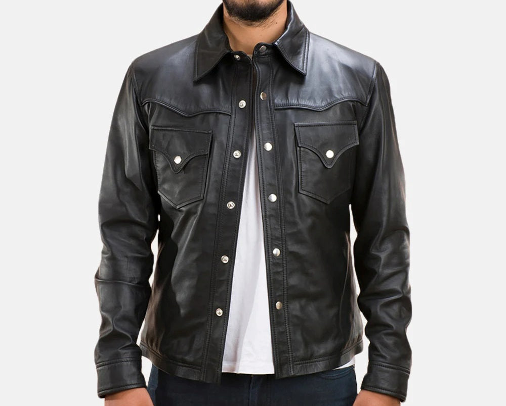 Men's Motorcycle Shirt Style Leather Jacket - Genuine Lambskin Leather Cafe Racer Button Style Jacket - Casual Biker Jacket