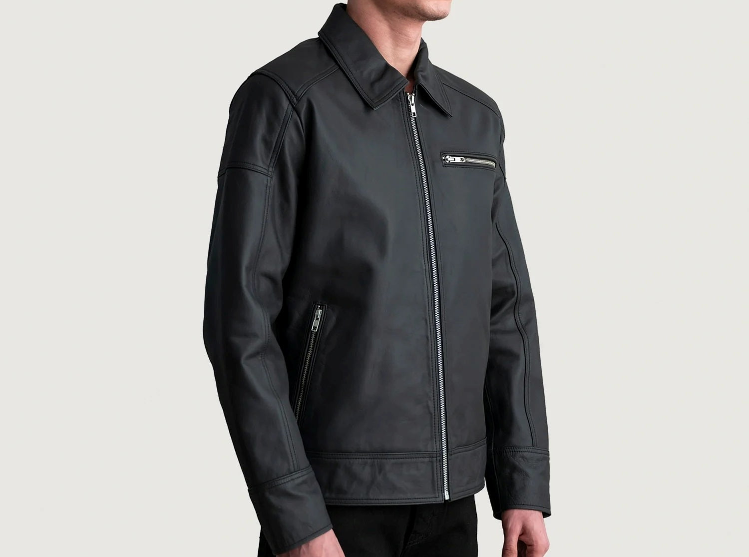 Men's Motorcycle Shirt Style Black Leather Jacket - Real Lambskin Leather Cafe Racer Jacket - Casual Biker Jacket