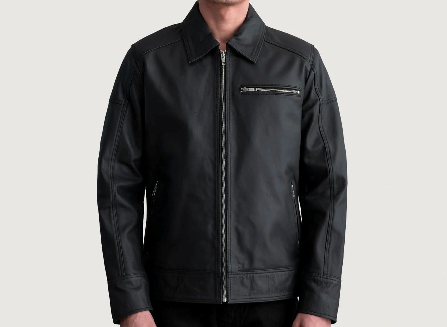 Men's Motorcycle Shirt Style Black Leather Jacket - Real Lambskin Leather Cafe Racer Jacket - Casual Biker Jacket