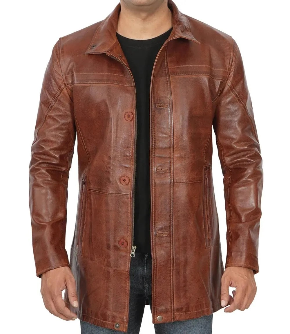 Men's Real Leather Blazer Jacket - Motorcycle Biker Genuine Leather Winter Coat - Leather Car Coat