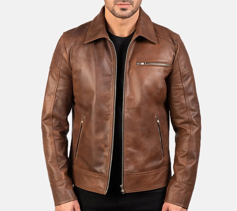 Men's Motorcycle Shirt Style Brown Leather Jacket - Real Lambskin Leather Cafe Racer Jacket - Casual Biker Jacket
