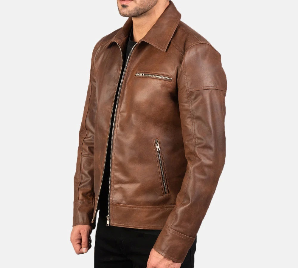 Men's Motorcycle Shirt Style Brown Leather Jacket - Real Lambskin Leather Cafe Racer Jacket - Casual Biker Jacket