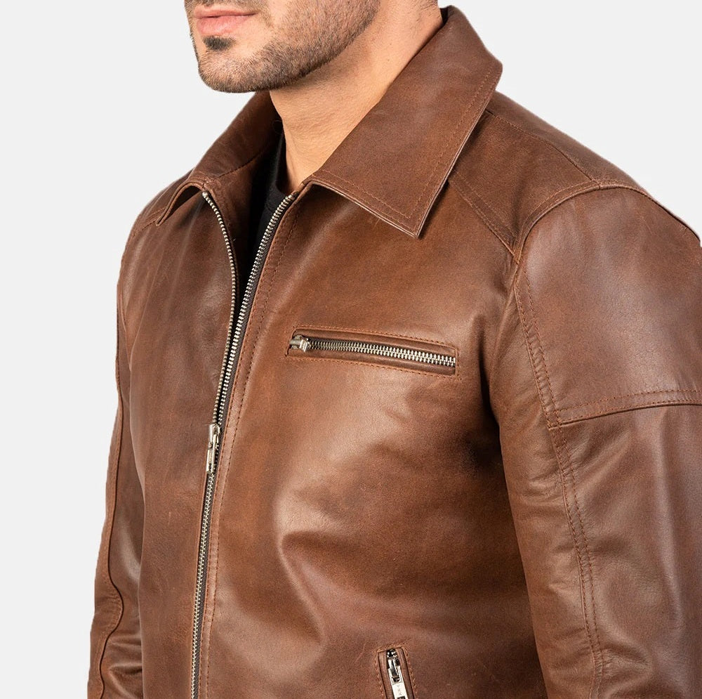 Men's Motorcycle Shirt Style Brown Leather Jacket - Real Lambskin Leather Cafe Racer Jacket - Casual Biker Jacket
