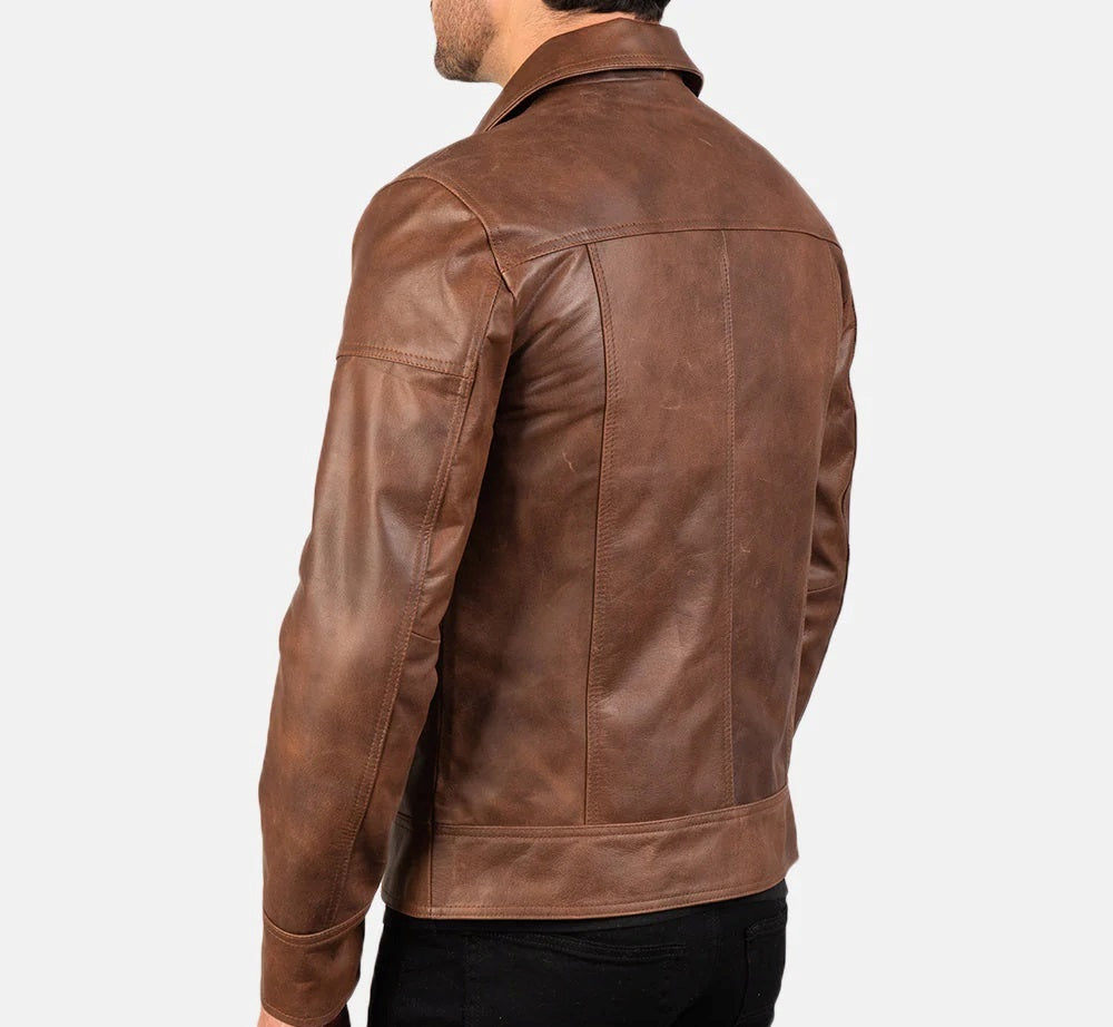 Men's Motorcycle Shirt Style Brown Leather Jacket - Real Lambskin Leather Cafe Racer Jacket - Casual Biker Jacket
