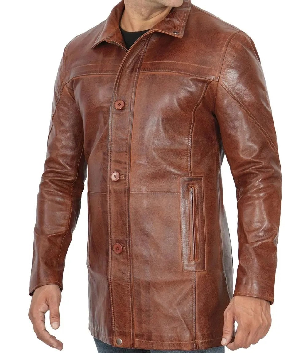 Men's Real Leather Blazer Jacket - Motorcycle Biker Genuine Leather Winter Coat - Leather Car Coat