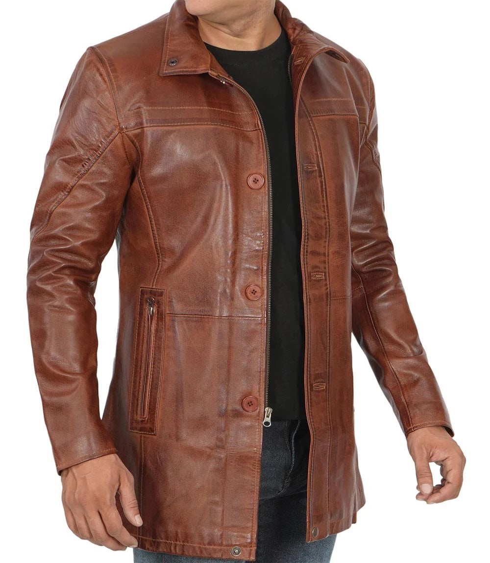 Men's Real Leather Blazer Jacket - Motorcycle Biker Genuine Leather Winter Coat - Leather Car Coat
