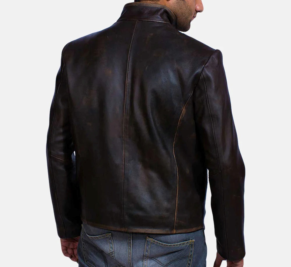 Men's Motorcycle Distressed Brown Leather Jacket - Genuine Lambskin Leather Cafe Racer Jacket - Biker Band Collar Jacket