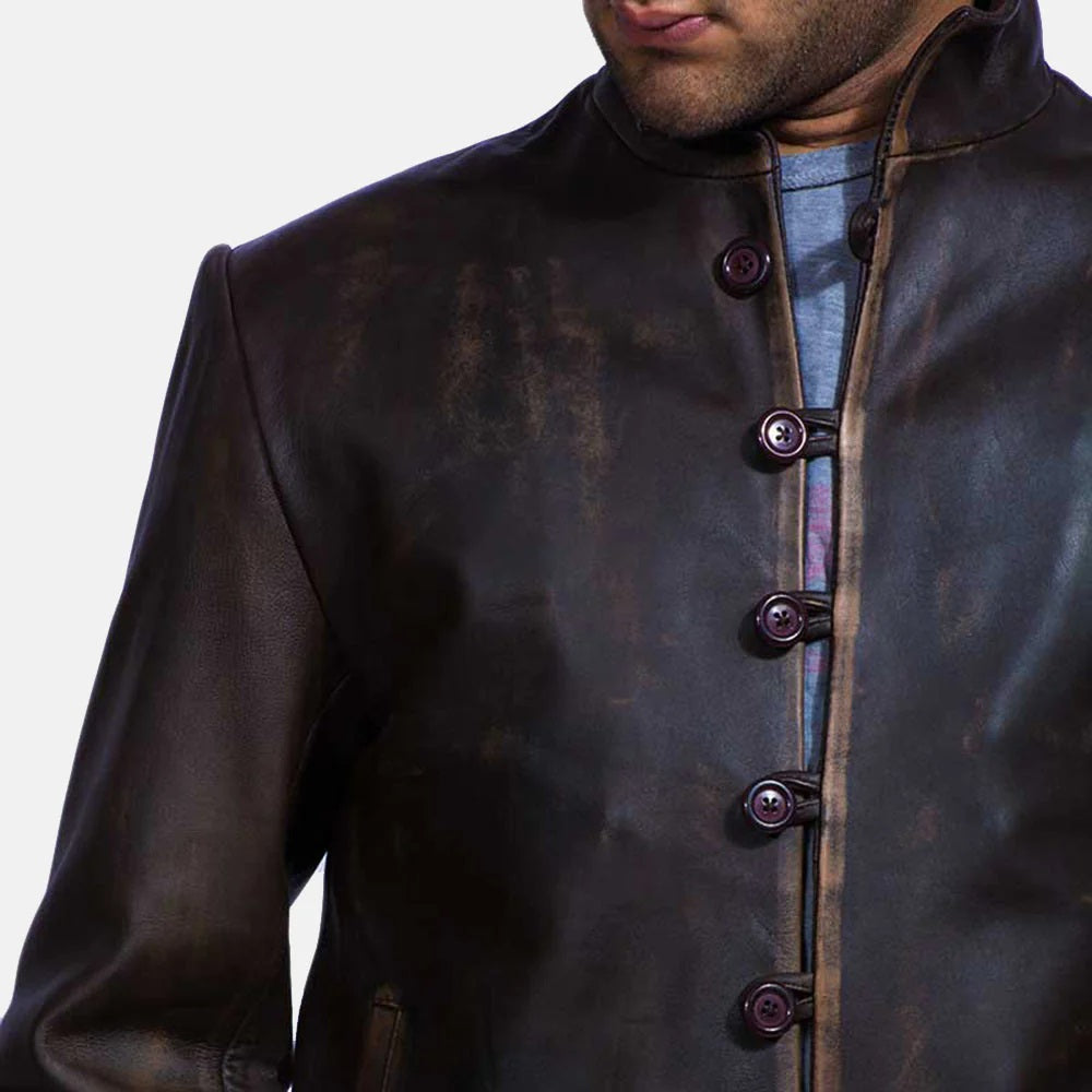 Men's Motorcycle Distressed Brown Leather Jacket - Genuine Lambskin Leather Cafe Racer Jacket - Biker Band Collar Jacket