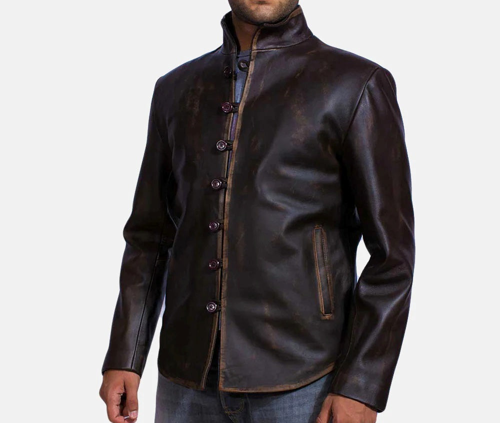 Men's Motorcycle Distressed Brown Leather Jacket - Genuine Lambskin Leather Cafe Racer Jacket - Biker Band Collar Jacket