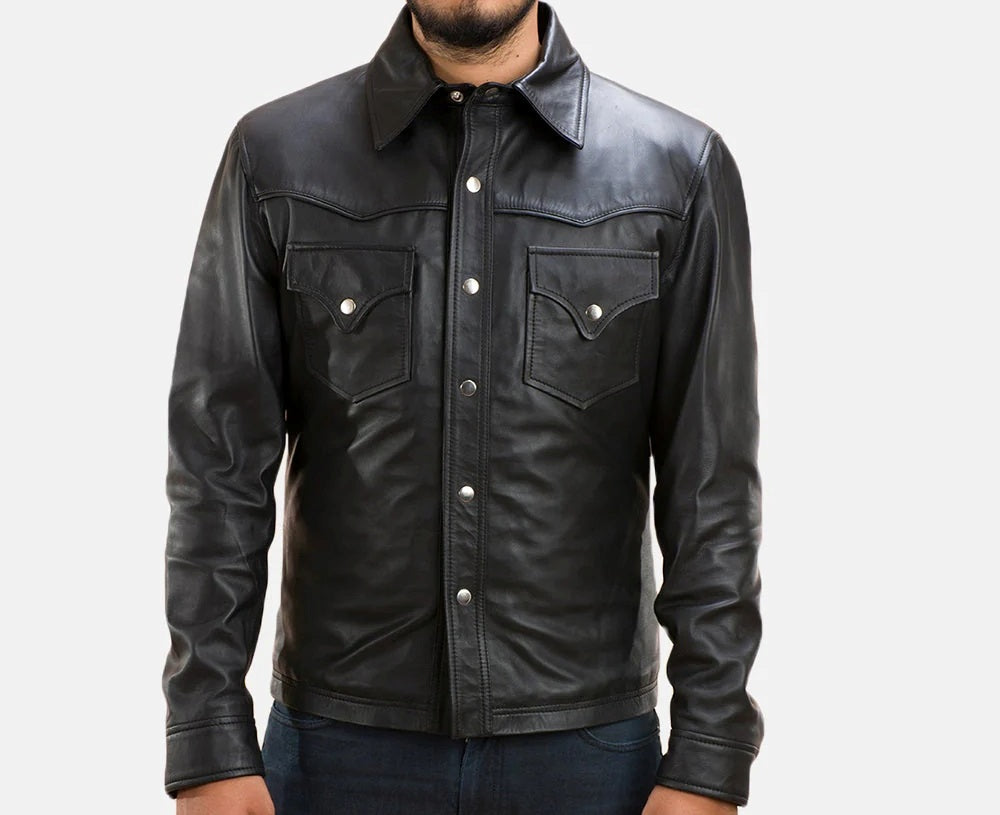 Men's Motorcycle Shirt Style Leather Jacket - Genuine Lambskin Leather Cafe Racer Button Style Jacket - Casual Biker Jacket