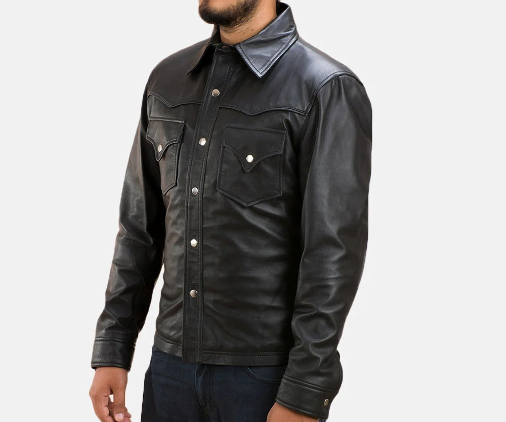 Men's Motorcycle Shirt Style Leather Jacket - Genuine Lambskin Leather Cafe Racer Button Style Jacket - Casual Biker Jacket