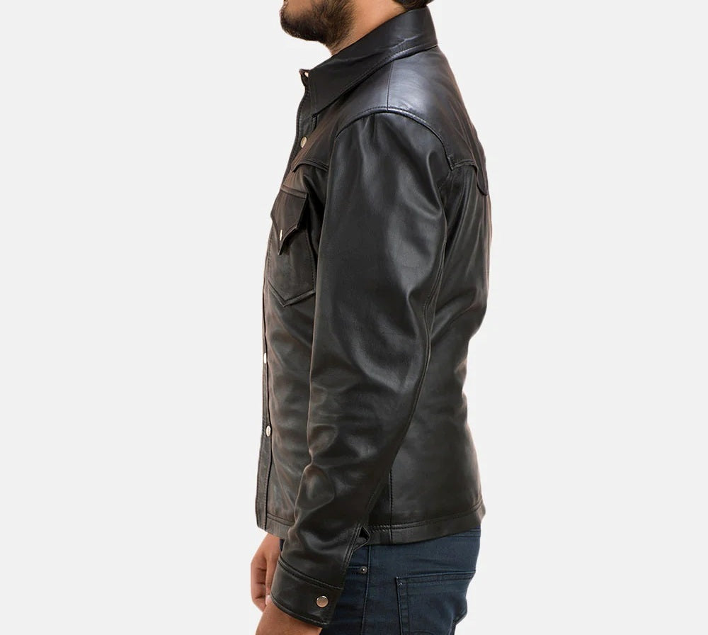 Men's Motorcycle Shirt Style Leather Jacket - Genuine Lambskin Leather Cafe Racer Button Style Jacket - Casual Biker Jacket