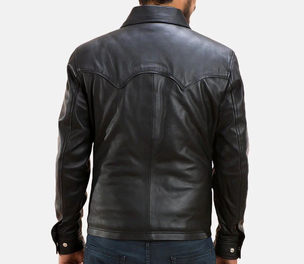 Men's Motorcycle Shirt Style Leather Jacket - Genuine Lambskin Leather Cafe Racer Button Style Jacket - Casual Biker Jacket