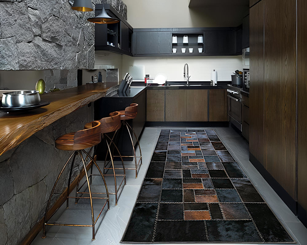Midnight Black & Copper Brown Cowhide Runner – Hand-Laced Mosaic Patchwork Hallway Rug