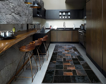 Midnight Black & Copper Brown Cowhide Runner – Hand-Laced Mosaic Patchwork Hallway Rug