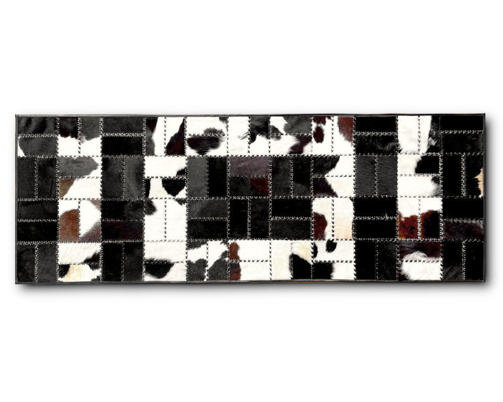 Mosaic Black & White Cowhide Runner – Hand-Laced Patchwork Hallway Rug