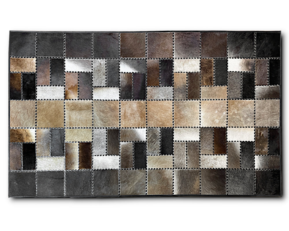 Multicolor Mosaic Cowhide Rug – Hand-Laced Geometric Patchwork Area Rug
