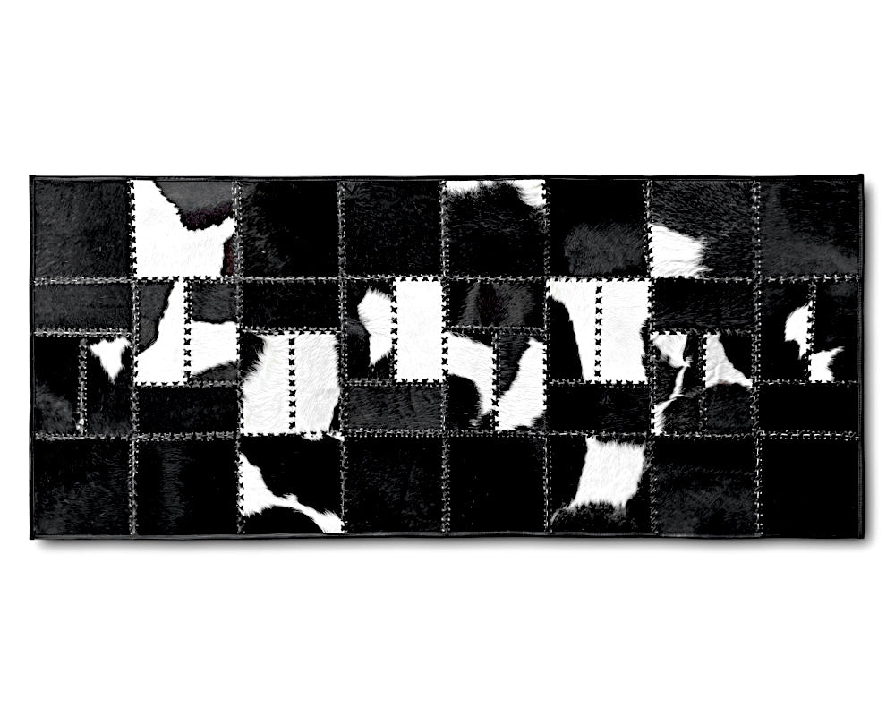 Noir & Ivory Cowhide Runner – Hand-Laced Mosaic Patchwork Hallway Rug