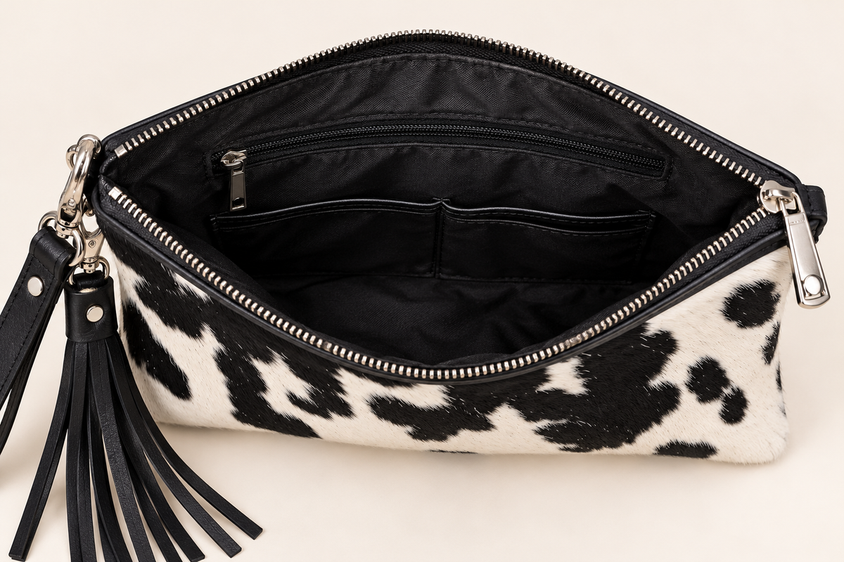 Interior of black and white cowhide wristlet bag showing the lining, main compartment, and zipper closure