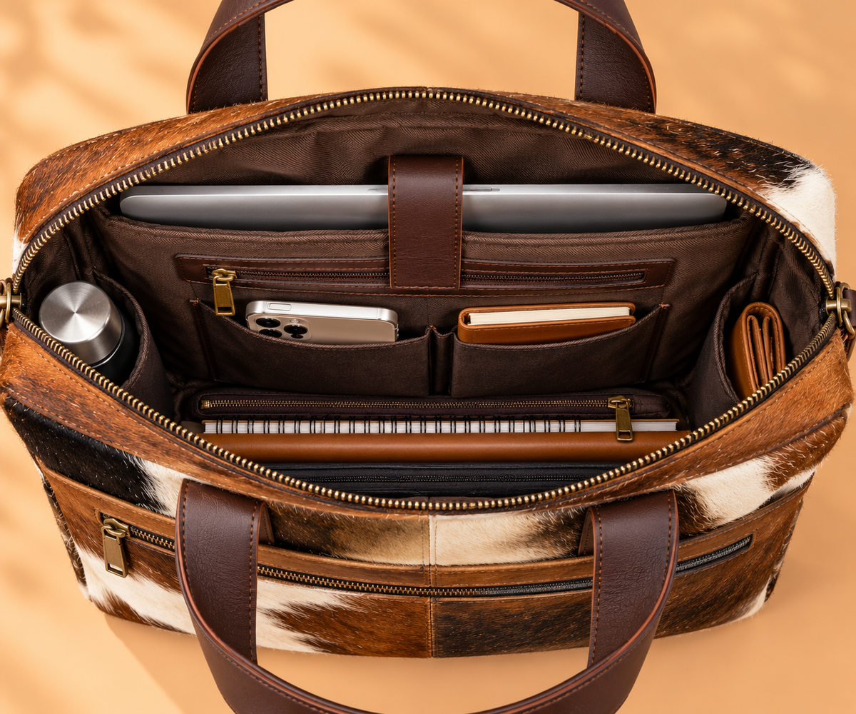 Cowhide Laptop Briefcase Bag | Natural Cowhide Office Satchel Bag | Cowhide Messenger Bag | Cowhide File Bag | Documents Bag | OB27
