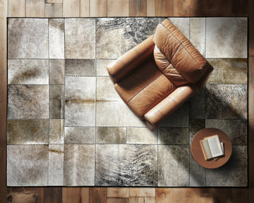 Pearl Ivory & Grey Cowhide Rug – Hand-Laced Geometric Patchwork Area Rug