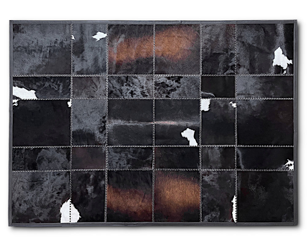 Midnight Black Cowhide Rug – Hand-Laced Leather Patchwork Area Rug