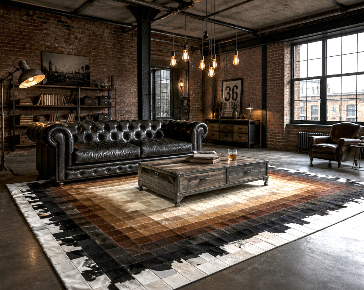Radiant Center Cowhide Patchwork Rug – Brown Ombre Mosaic Leather Area Rug
