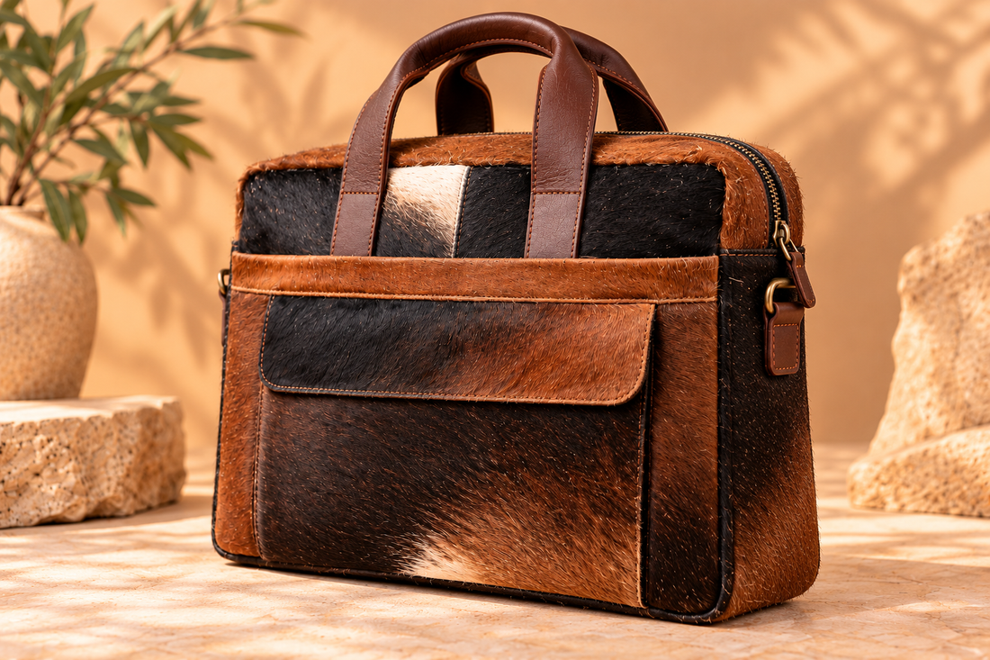 Cowhide Laptop Briefcase Bag | Natural Cowhide Office Satchel Bag | Cowhide Messenger Bag | Cowhide File Bag | Documents Bag | OB27