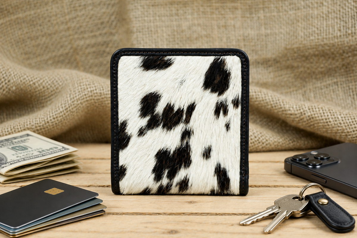  Daily Use Lifestyle View: Genuine leather cowhide wallet styled with everyday essentials for a practical and Western-inspired look.
