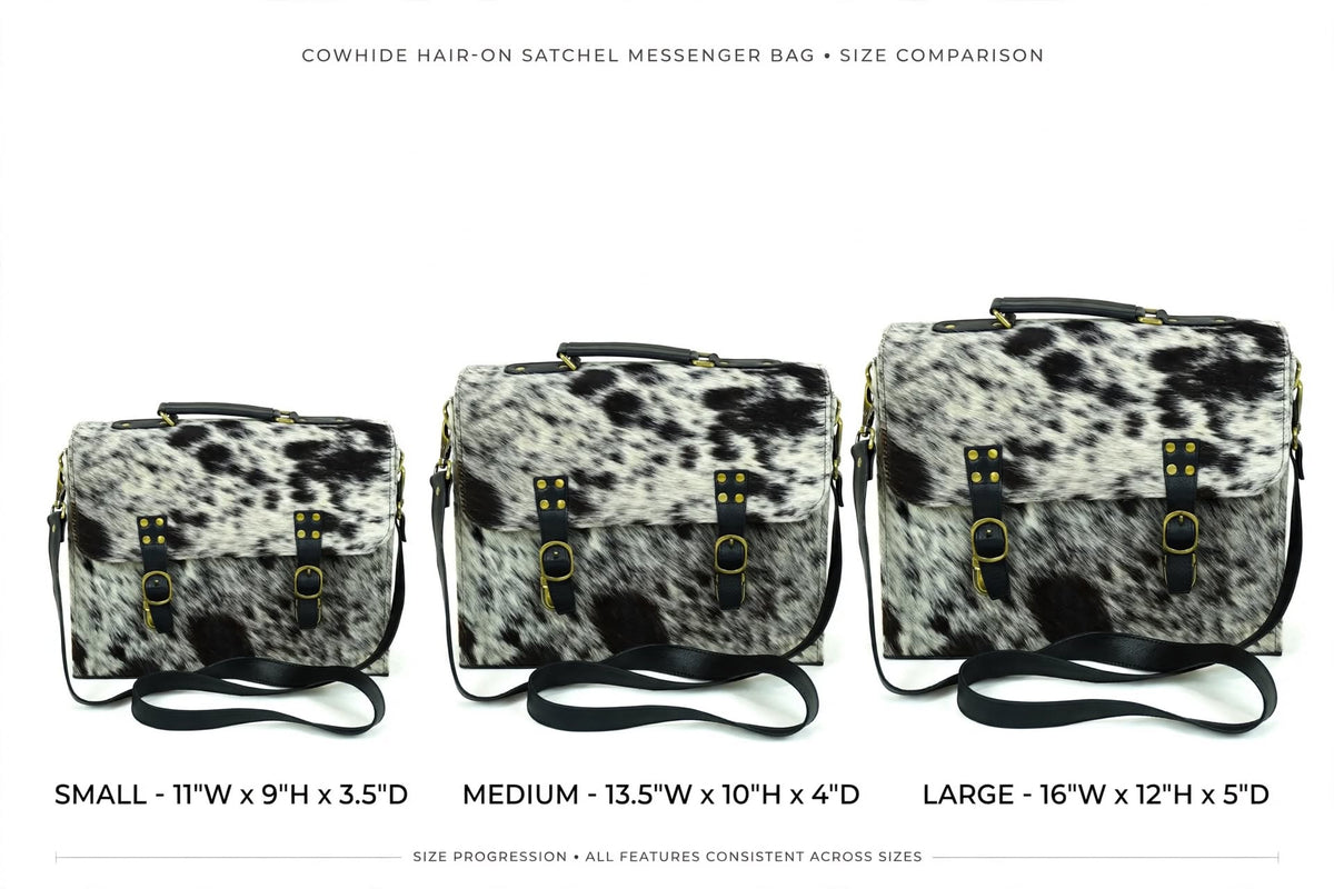 Small medium large size comparison chart for spotted cowhide messenger bag