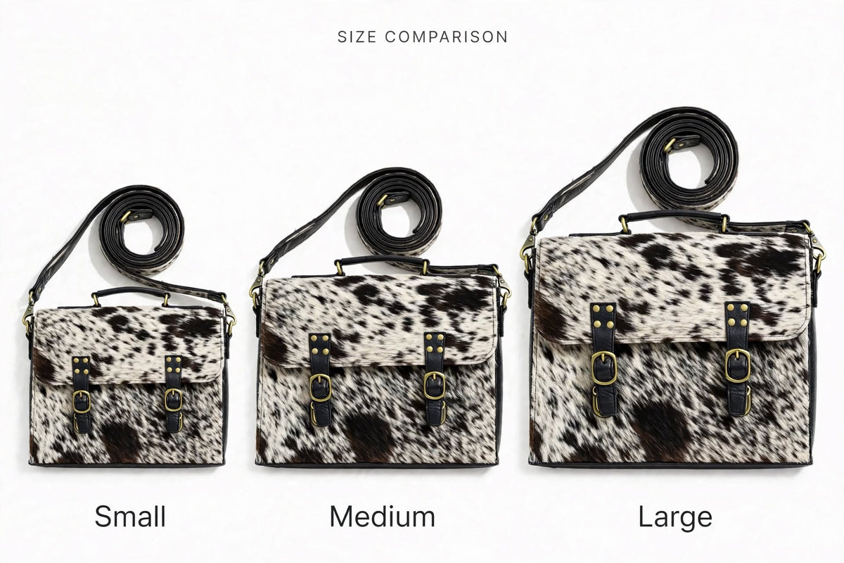Small medium large size comparison chart for spotted cowhide messenger bag