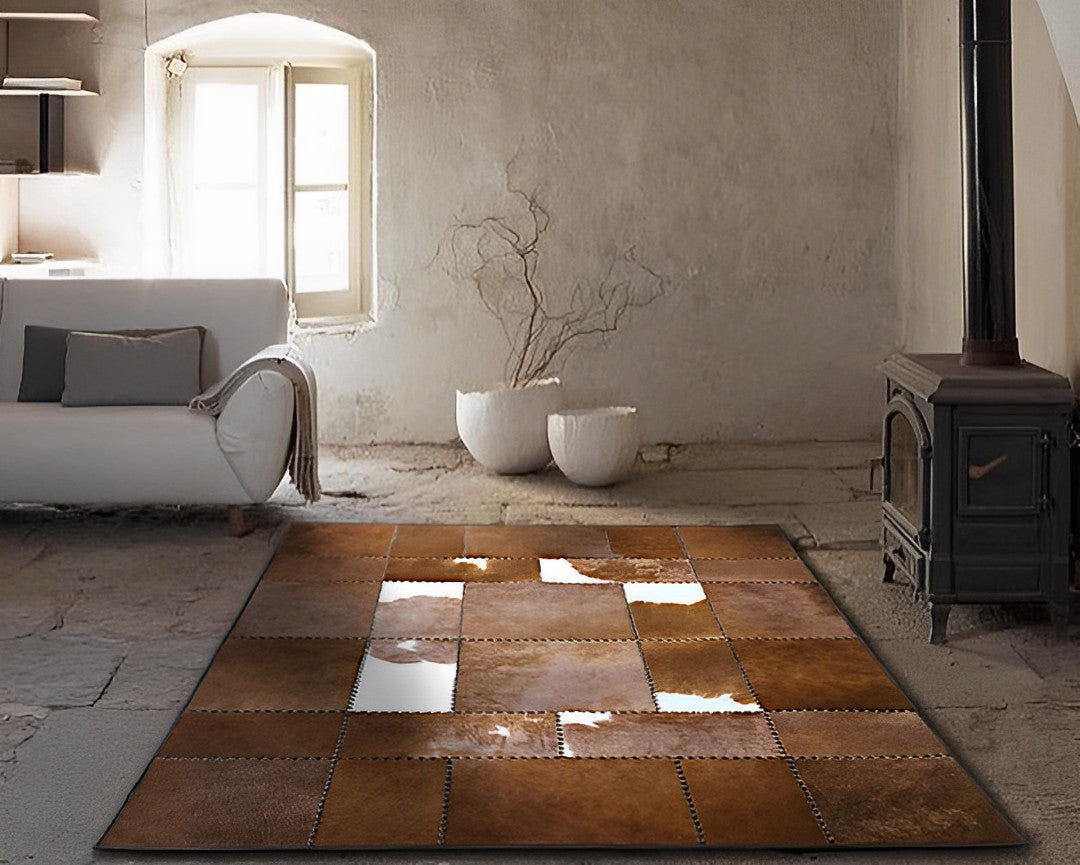Saddle Brown Cowhide Rug – Hand-Laced Western Patchwork Area Rug