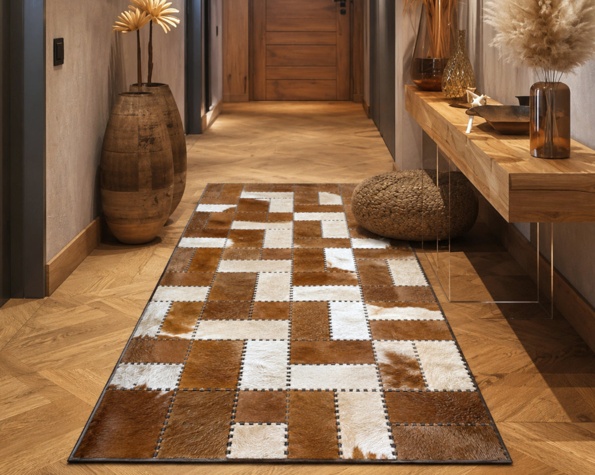 Saddle Brown & Ivory Cowhide Rug – Hand-Laced Woven Patchwork Area Rug