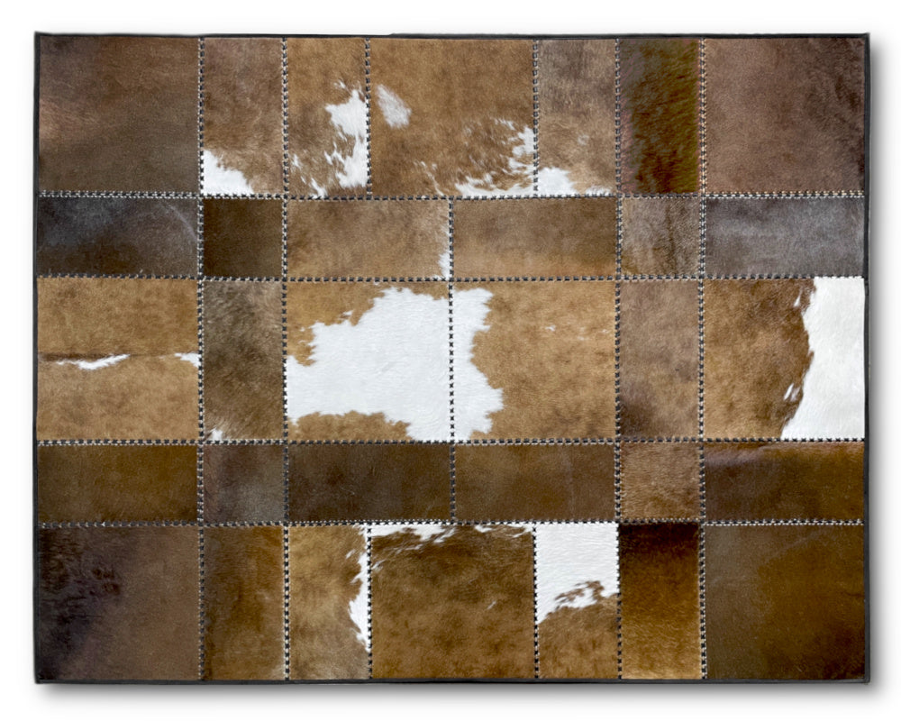 Saddle Brown & White Cowhide Rug – Hand-Laced Western Patchwork Area Rug