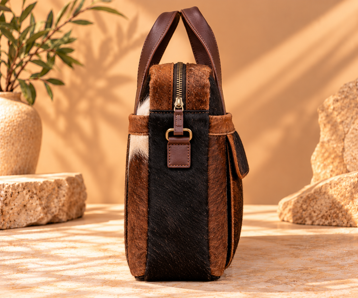 Cowhide Laptop Briefcase Bag | Natural Cowhide Office Satchel Bag | Cowhide Messenger Bag | Cowhide File Bag | Documents Bag | OB27