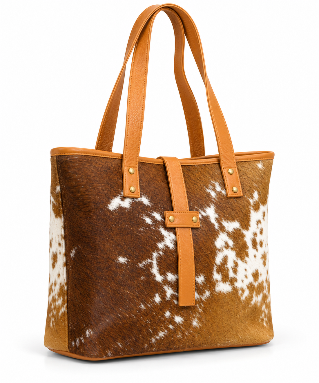 Genuine leather cowhide tote bag for women with long shoulder straps and decorative leather front detail