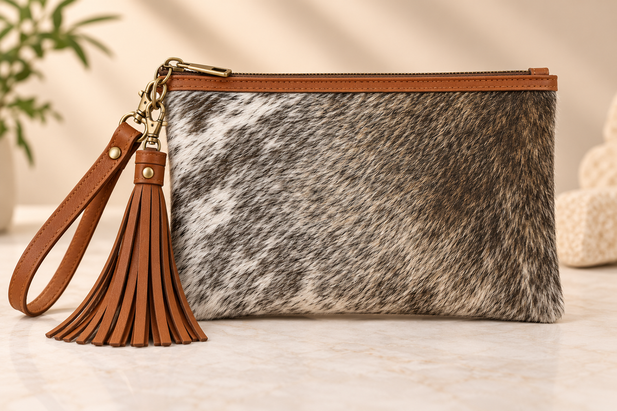 Natural Hair On Cowhide Wristlet Bag | 100% Leather Wristlet Purse |Genuine Leather Clutch with Fringe Tassel | Ladies Bag