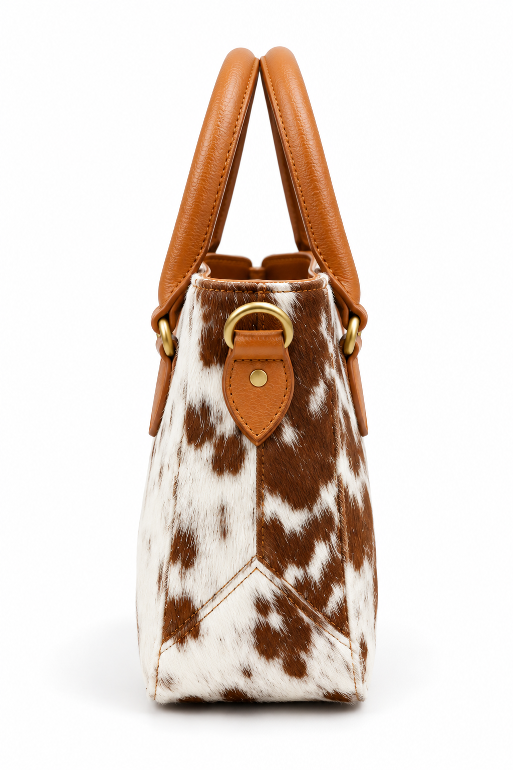 Genuine Leather Cowhide Tote Bag with Brown and White Hair-On-Hide Pattern and Leather Handles