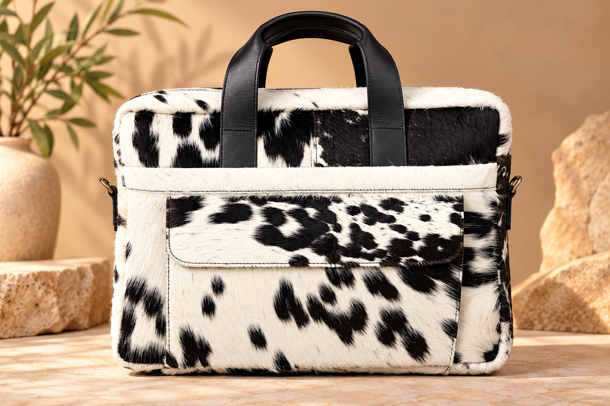 Cowhide Laptop Briefcase Bag | Natural Cowhide Office Satchel Bag | Cowhide Messenger Bag | Cowhide File Bag | Documents Bag | OB27