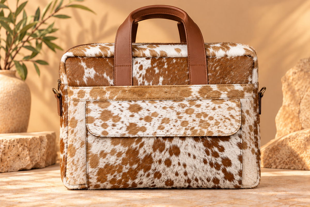 Cowhide Laptop Briefcase Bag | Natural Cowhide Office Satchel Bag | Cowhide Messenger Bag | Cowhide File Bag | Documents Bag | OB27