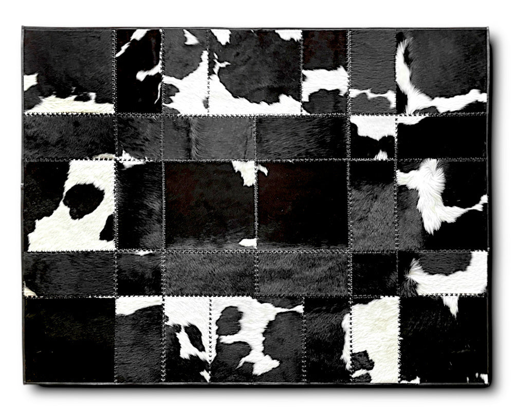 Tuxedo Black & White Cowhide Rug – Hand-Laced Geometric Patchwork Area Rug