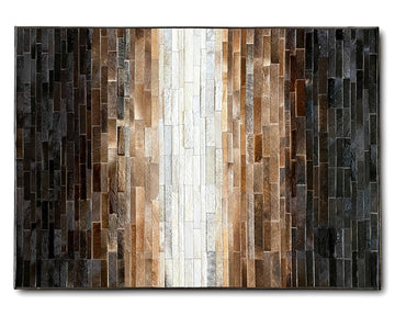 Vertical Ombre Cowhide Patchwork Rug – Ivory, Cognac Brown & Black Striped Leather Area Rug