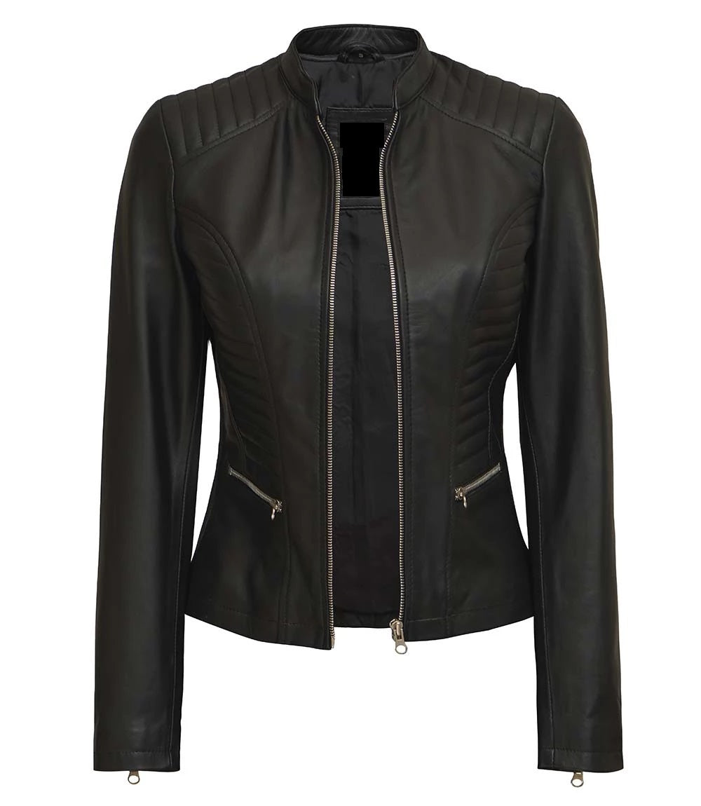 Women's Luxury Lambskin Leather Jacket - Classic Biker Style, Girls Slim Fit Cafe Racer Jacket