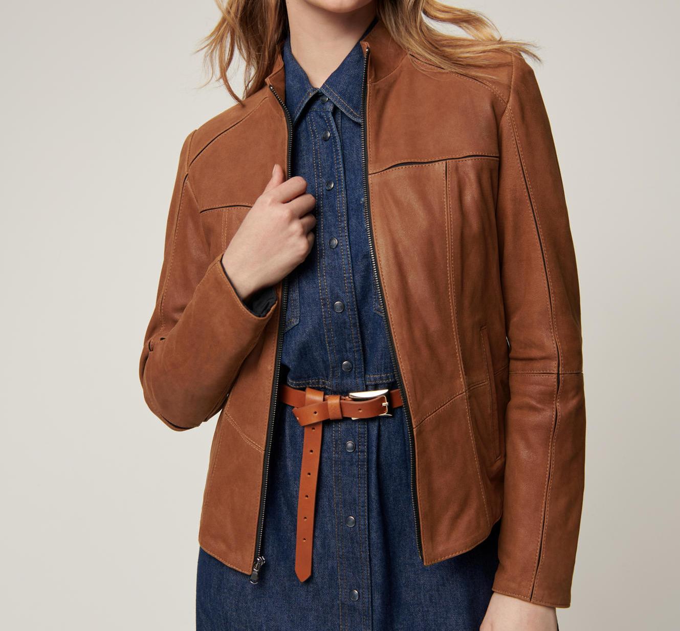 Women Unique Style Sporty Leather Jacket, Female's Leather Moto Racer Jacket with stretch lining and seams