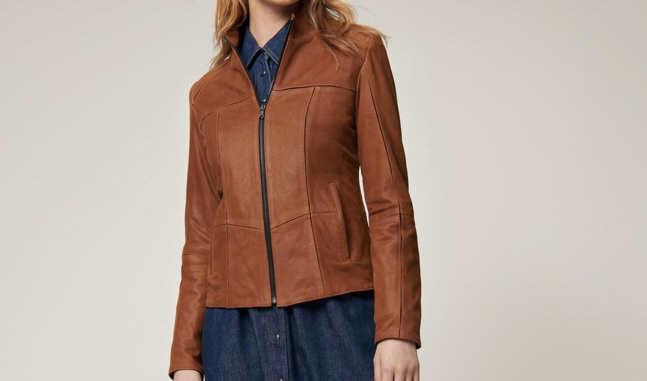 Women Unique Style Sporty Leather Jacket, Female's Leather Moto Racer Jacket with stretch lining and seams