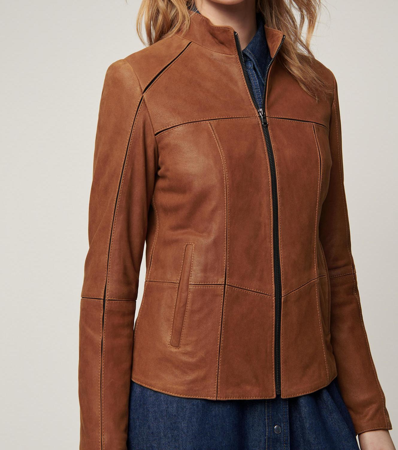 Women Unique Style Sporty Leather Jacket, Female's Leather Moto Racer Jacket with stretch lining and seams
